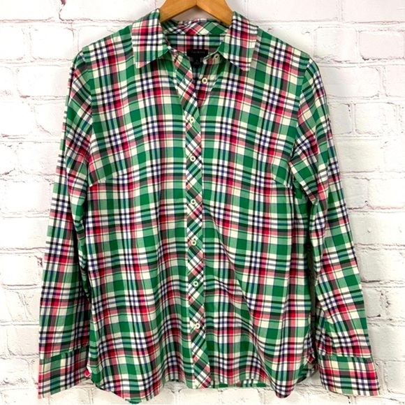 Talbots women’s green pink whit summer spring plaid button down front career - Picture 1 of 6